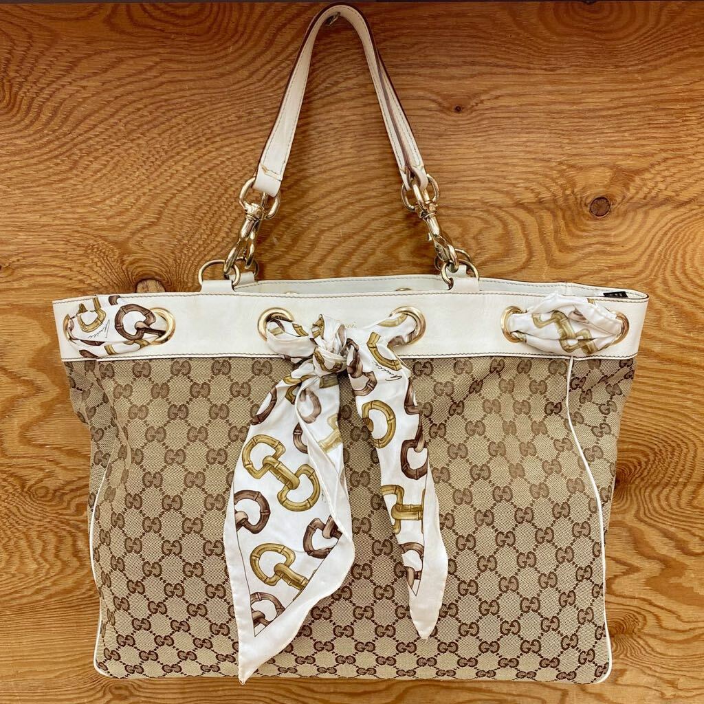 GUCCI ＊ グッチ スカーフ付き トートバッグ GG 肩掛け ショルダーバッグ ブラウン×ホワイト シルクスカーフ 153033 467891 大容量_画像1