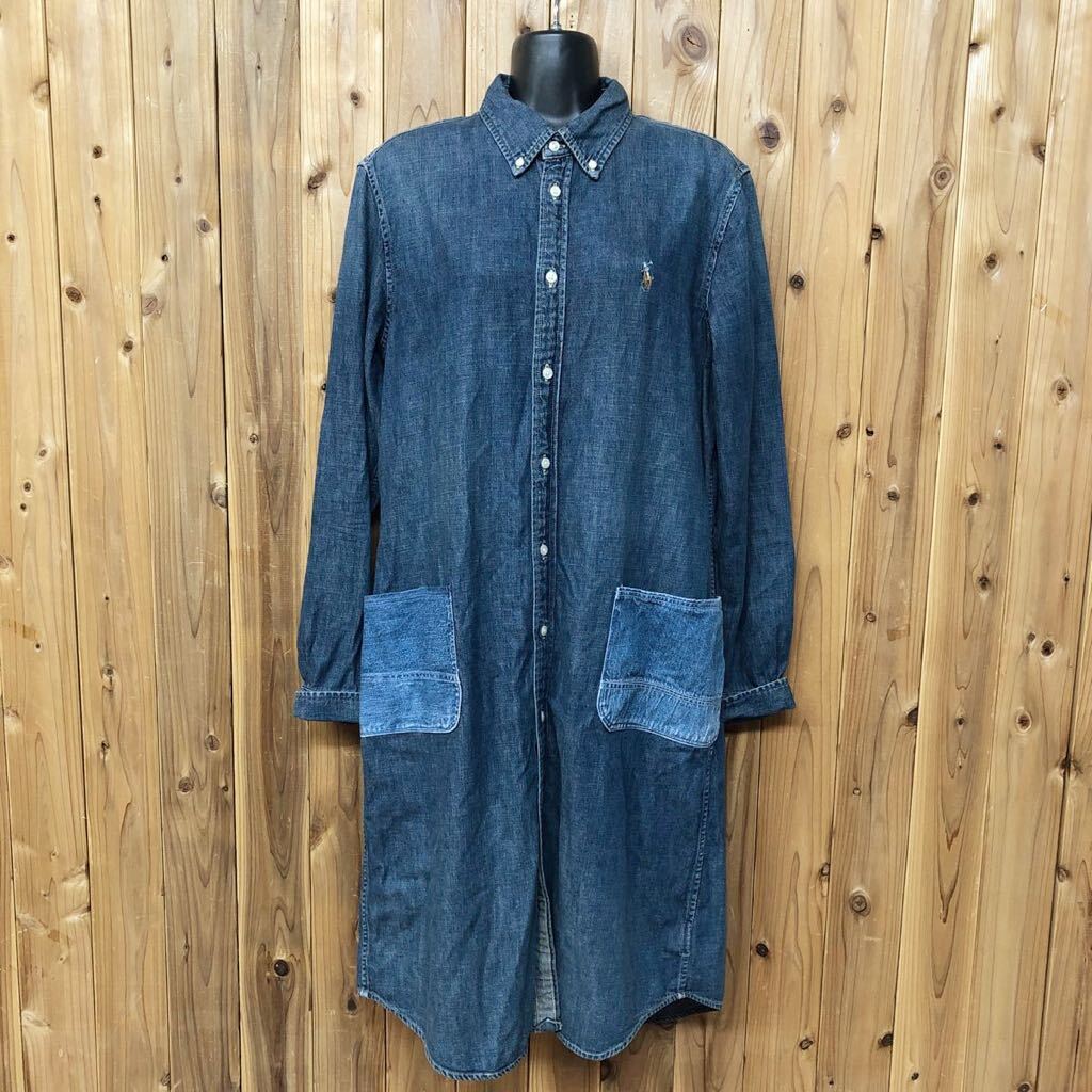 RALPH LAUREN* Ralph Lauren lady's L Denim shirt One-piece long sleeve button down shirt po knee embroidery cotton 100% American Casual old clothes 