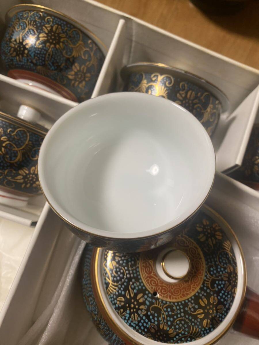 九谷焼 茶器セット 青粒金彩蓋付湯呑み 和食器 茶器 自宅保管品未使用_画像6