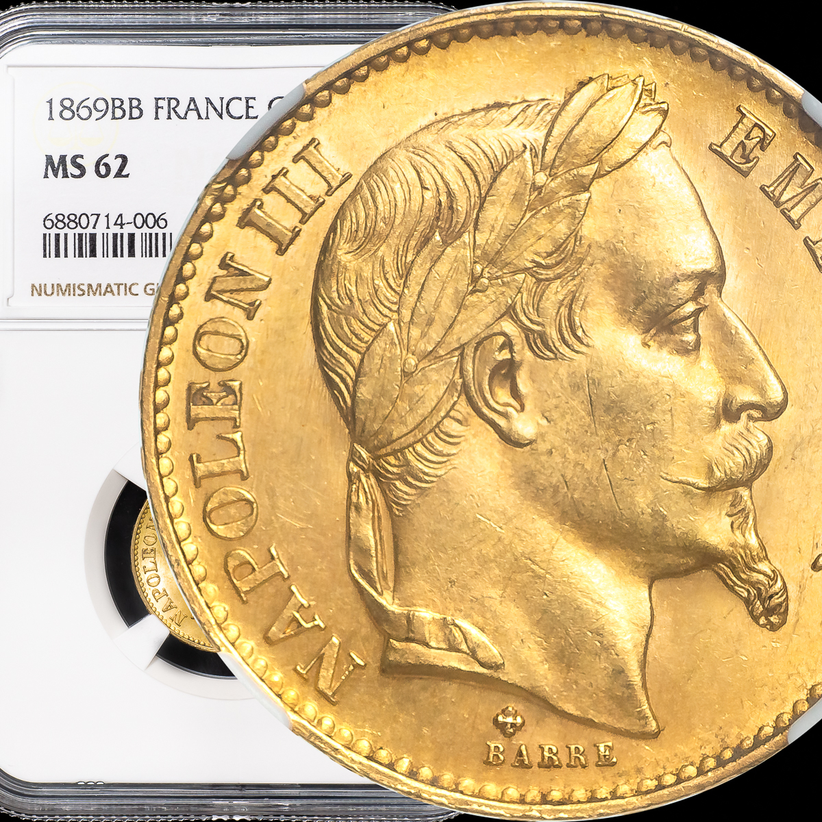 【有冠 高鑑定 MS62】1869 BB フランス第二帝政 ナポレオン3世 20フラン金貨 NGC/アンティーク モダン コイン_画像1