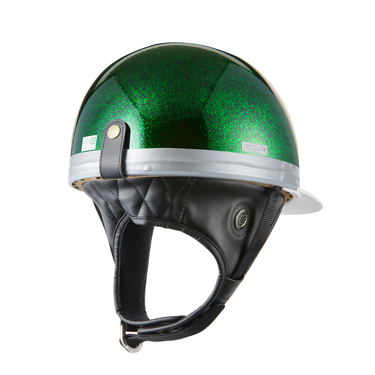 ヘルメット コルク半キャップ 三つボタン ブラックグリーンラメ 新品　半ヘル 57cm～60cm未満 半帽 バイクパーツセンター_画像2