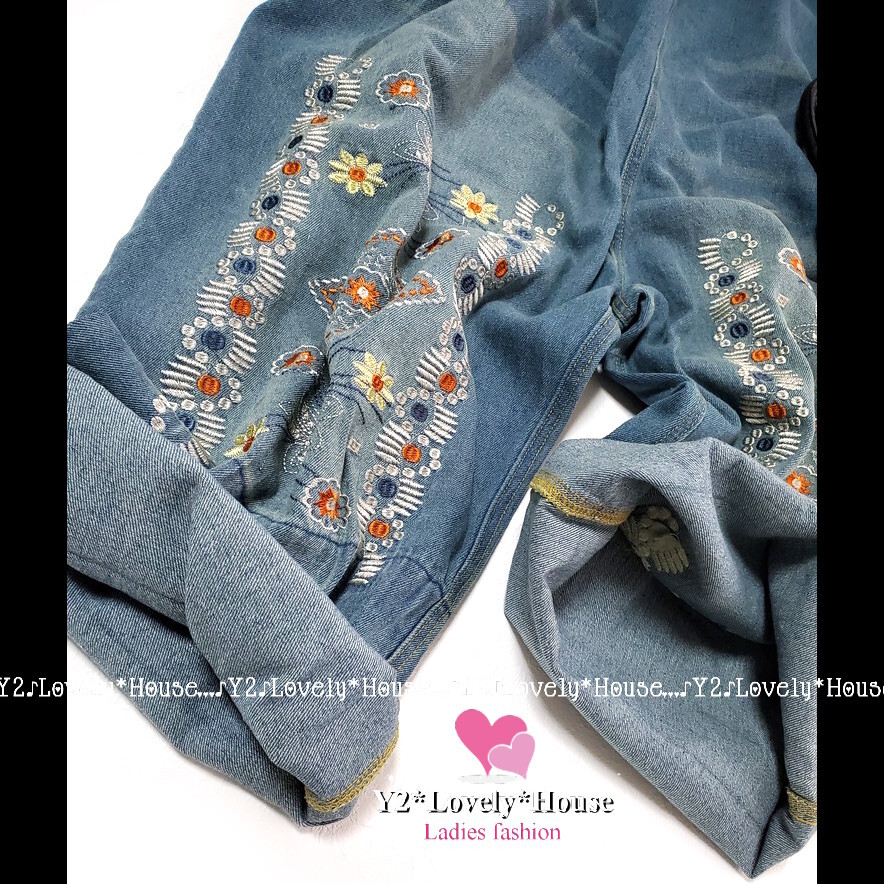 ~3L4L* flower embroidery woshu Denim gaucho overall * overall 