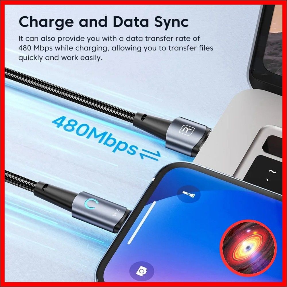 急速充電対応 LED インジケータ iPhone  USB Type-A to lightning ライトニング ケーブル 1m