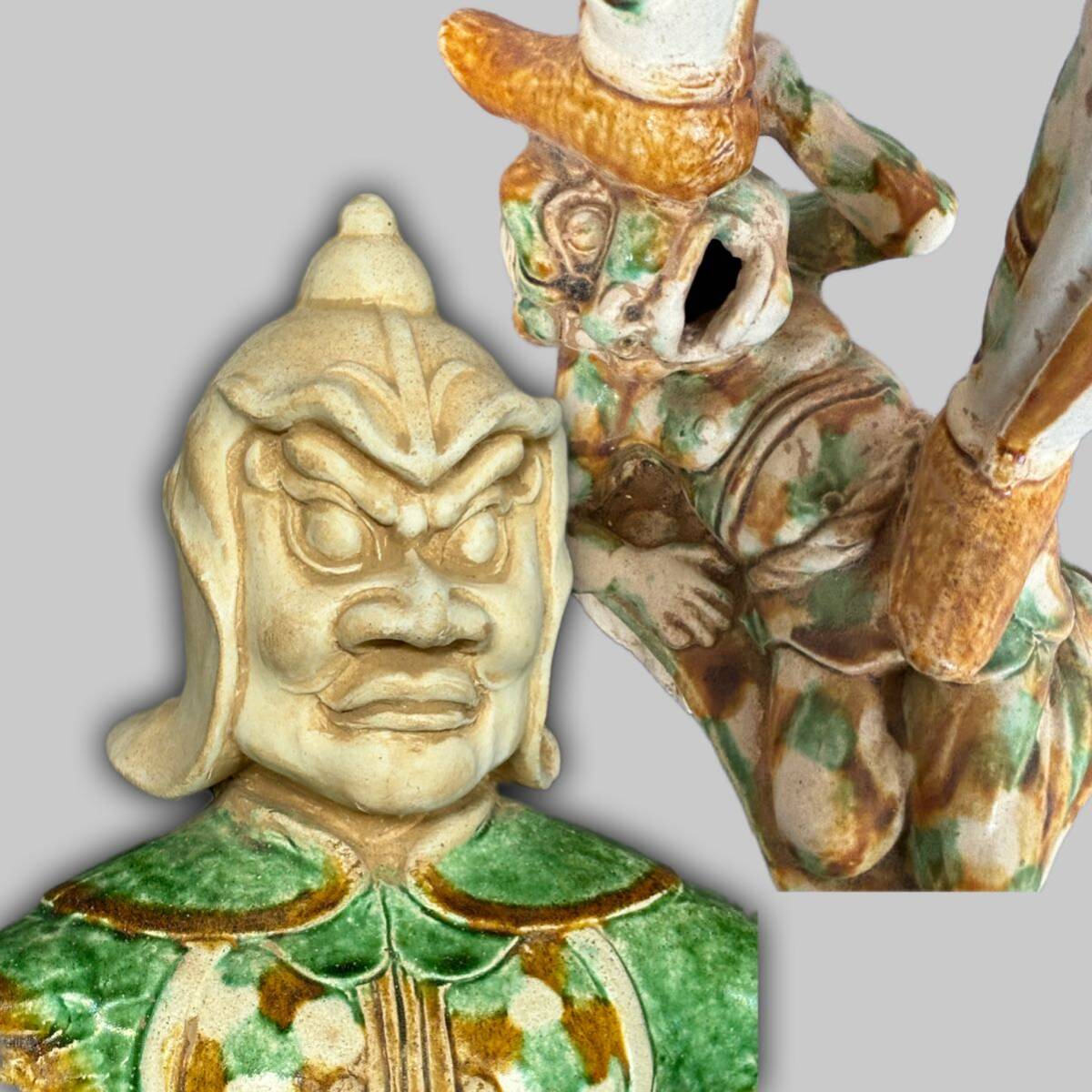 中国美術 唐三彩 鎮墓鬼神像俑 武人俑 60cm 中国古玩の画像1