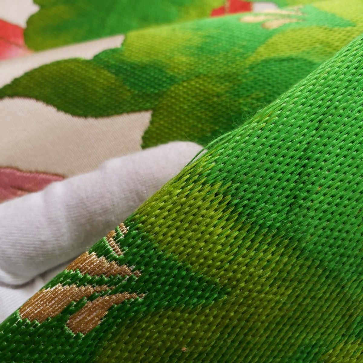 名古屋帯 松葉仕立て 八寸 かがり 六通 ボタニカル グリーン 花柄 カジュアル 普段着 正絹
