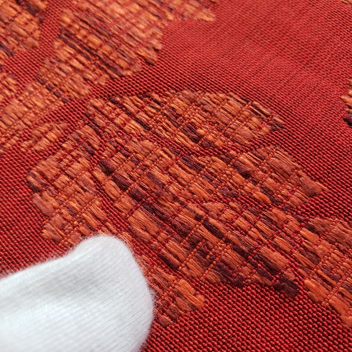 名古屋帯 正絹 着物  帯 赤 刺繍  松葉仕立て オリエンタル モダン アート カジュアル 普段着