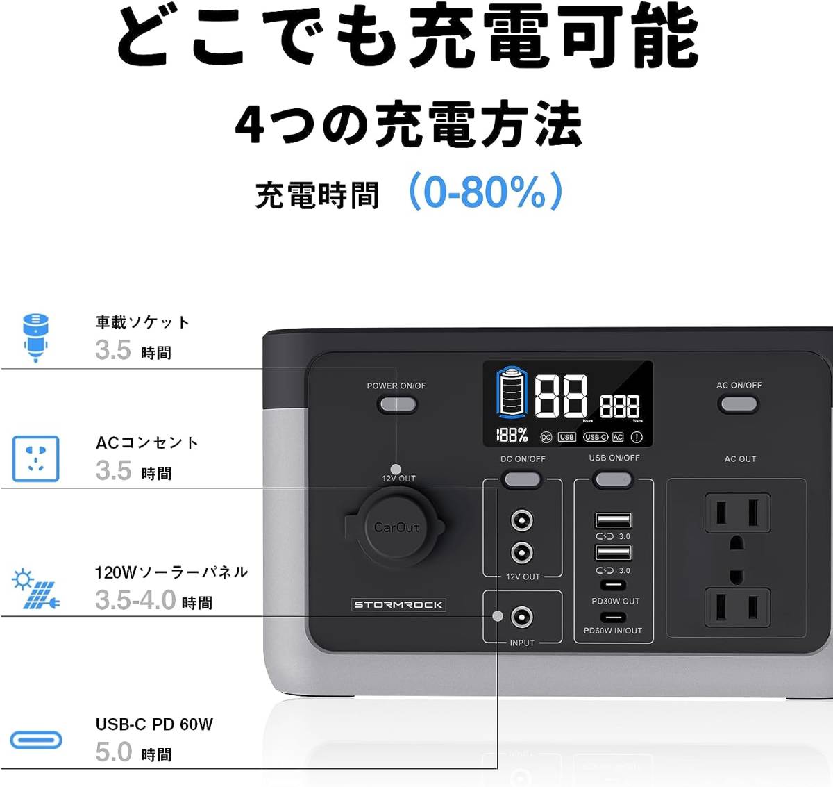 STORMROCK ポータブル電源 294.4Wh/300W 大容量 リン酸鉄リチウムイオン電池 純正弦波 充放電サイクル3,000回以上 高耐久 BMS電池保護機能の画像3