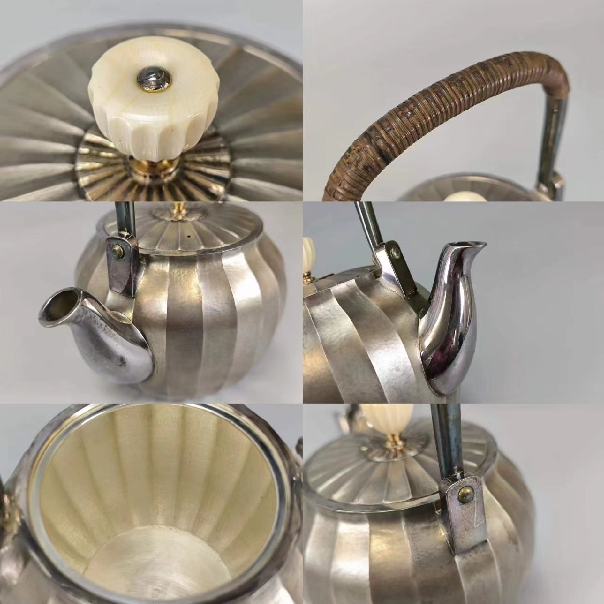 F0705AEZ 純銀製 菊形銀瓶 茶道具 煎茶道具 茶注 急須 湯沸 茶器 箱付 重 594g_画像7