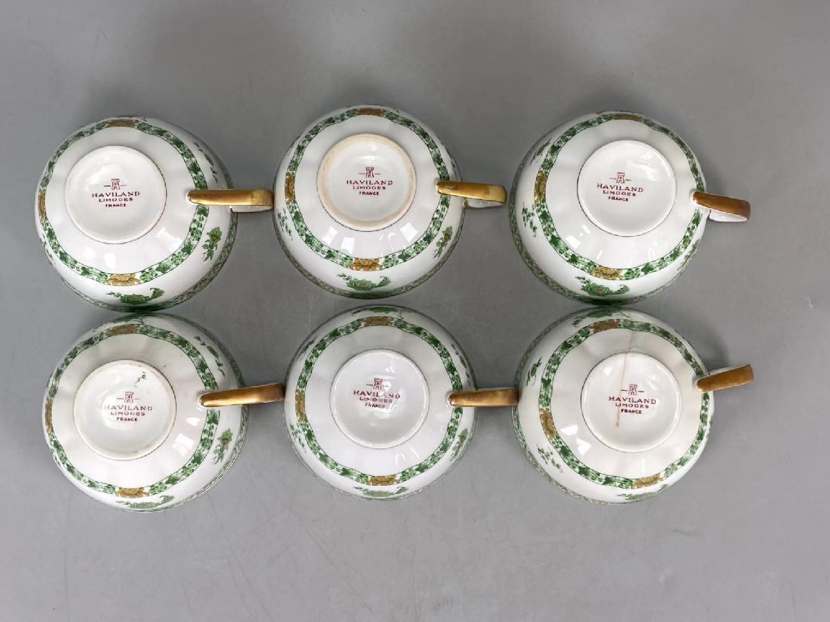 J0372A Haviland Limoges アビランド リモージュ カップ&ソーサー 六客 緑の草花文 茶道具 珈琲道具 コーヒーの道具 杯 皿 共箱 西洋美術_画像8