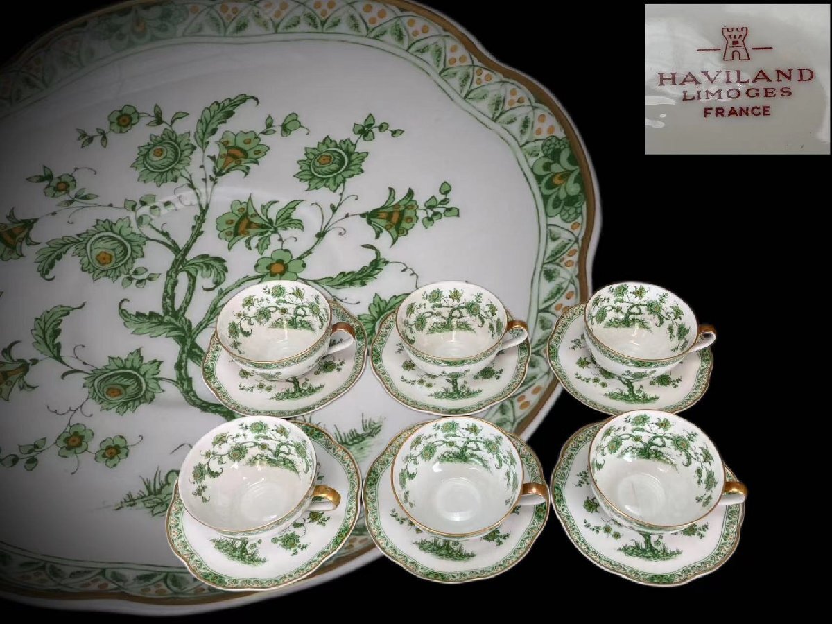 J0372A Haviland Limoges アビランド リモージュ カップ&ソーサー 六客 緑の草花文 茶道具 珈琲道具 コーヒーの道具 杯 皿 共箱 西洋美術_画像1