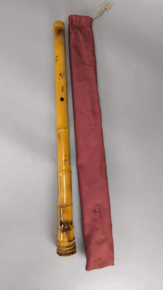 F0133竹笛 尺八 漢詩彫刻 歌口 竹管 和楽器 管楽器 縦笛 雅楽器 竹尺八 仕覆 時代物_画像2