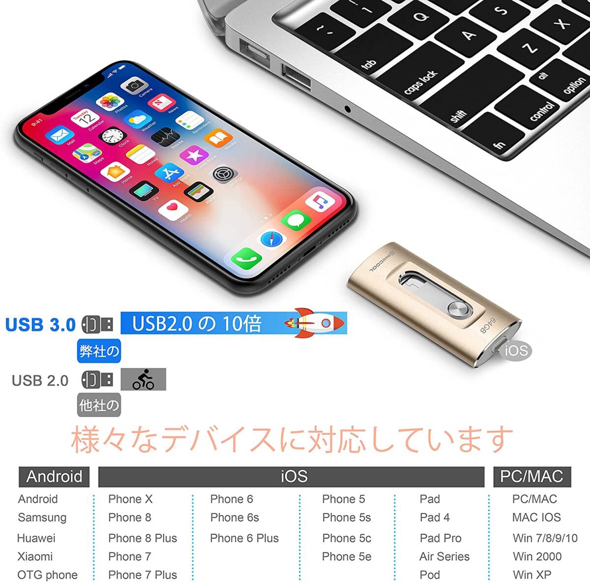 64GB iPhone usbメモリー3.0高速フラッシュドライブ iPhone / pc / android 対応の画像3