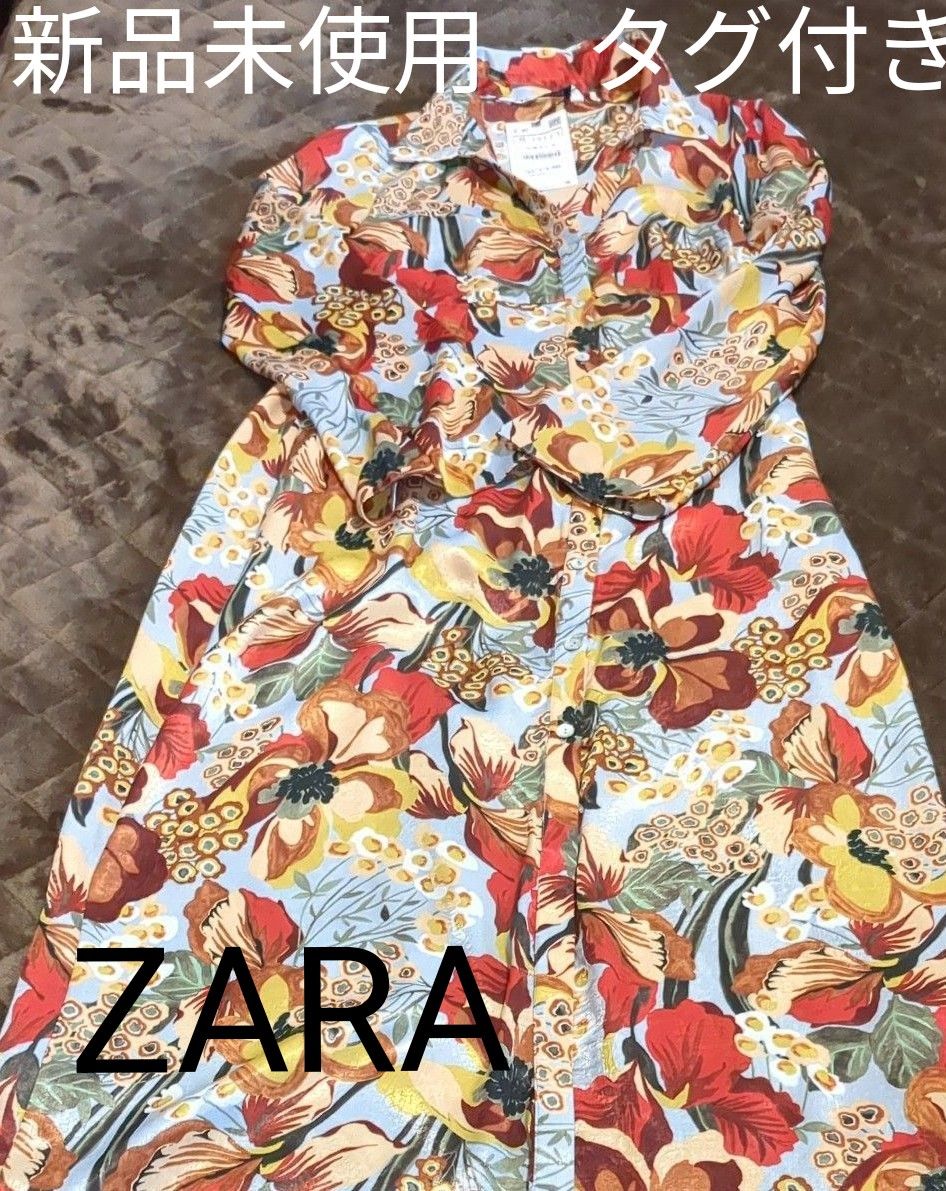 ZARAザラ プリントサテンワンピース レトロ ワンピース ロング丈 ZARAザラ プリントサテンワンピース レトロ ワンピース ロング丈