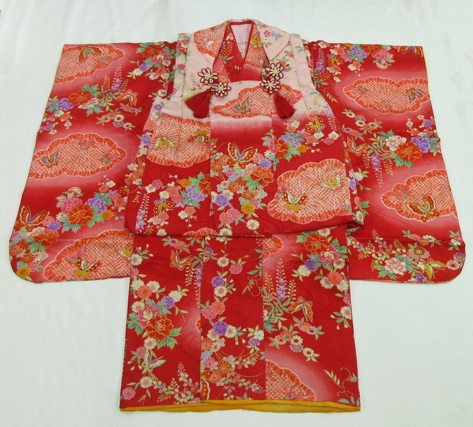 inagoya* симпатичный кимоно комплект *3 лет для девочки [. ткань + кимоно + нижняя рубашка + мелкие вещи комплект ] красный серия .. б/у дешевый "надеты" возможно y0392nc