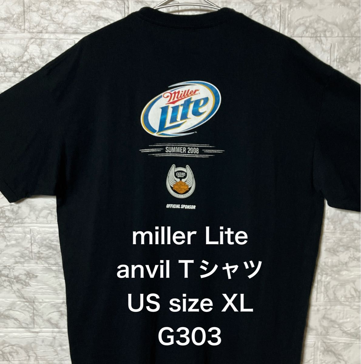 【レア】US古着 XLsize anvil プリントTシャツ millerLite ブラック バドワイザー 企業ロゴ アンビル
