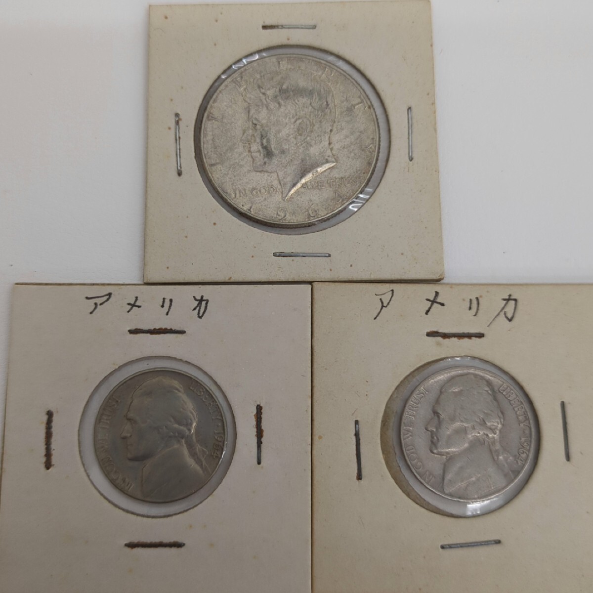 アメリカ 銀貨 1964年 ケネディ HALF DOLLAR ハーフダラー 50セント 1961 5セント×2 計3枚セット アンティーク 硬貨 外貨の画像1