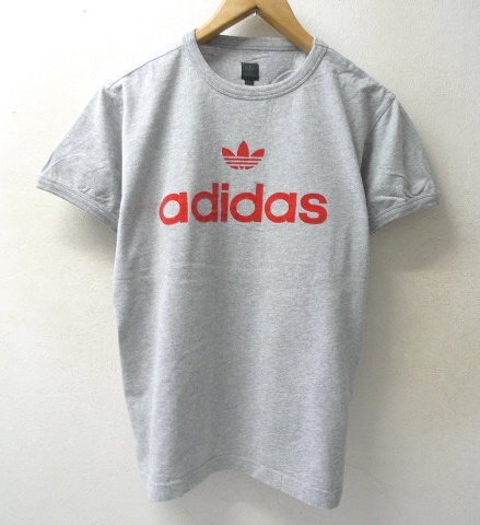 ◆国内正規 adidas アディダス クルーネック フロッキーロゴプリント Tシャツ グレー サイズL_画像1