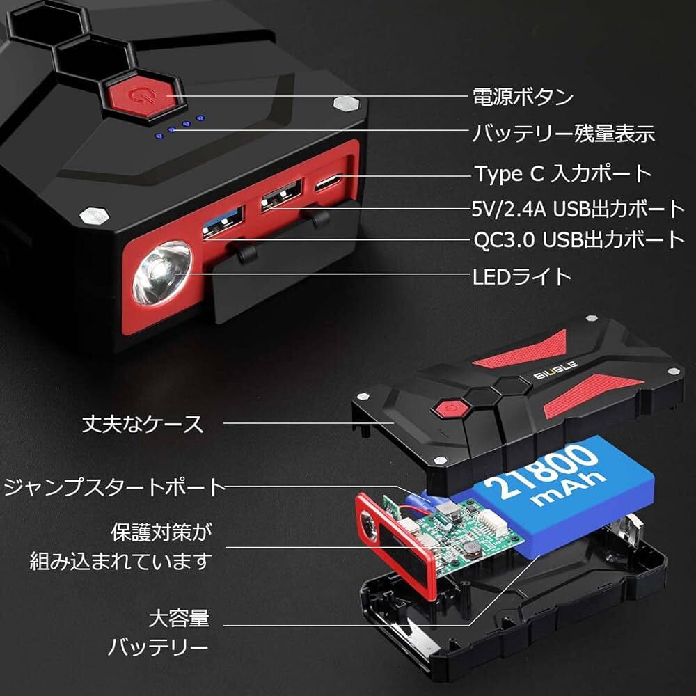 ジャンプスターター 21800mAh大容量 2000Aピーク電流 (最大8.0Lガソリン・6.5Lディーゼル車対応) 12V 車用エンジンスターター 車緊急