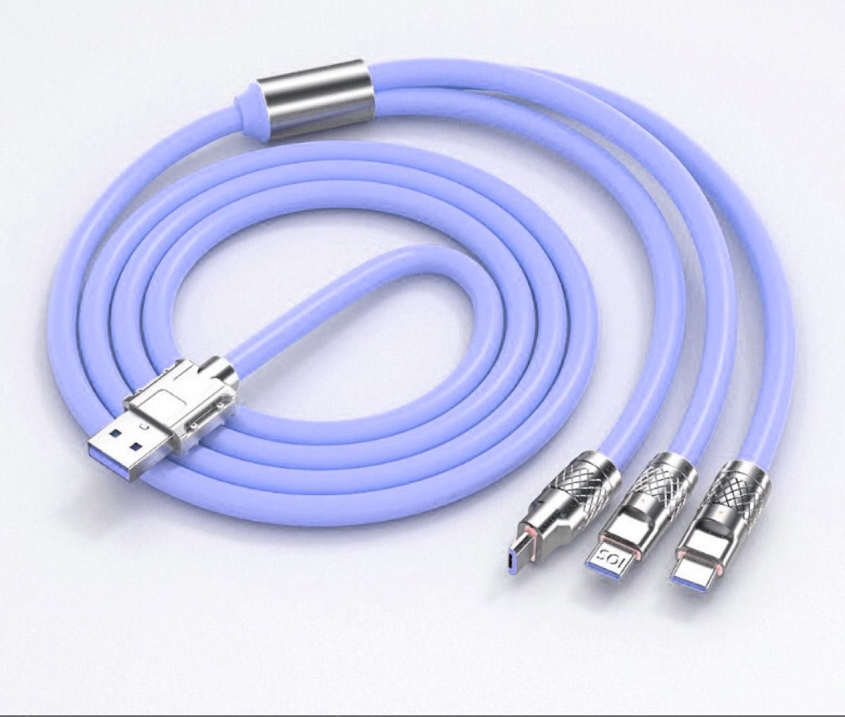 3in1 充電ケーブル USB ケーブル  急速充電 USB 充電コード 耐久性 3台同時給電可能 等全機種対応 1.2m 紫色