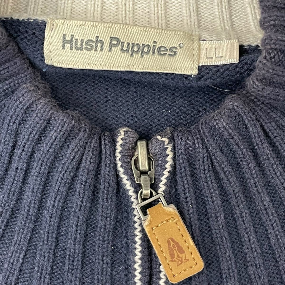 Hush Puppies ハッシュパピー コットン100% コットンニット トップス ハーフジップ 長袖ポロシャツ 古着 犬 dog ワンポイントロゴ LLサイズ_画像5