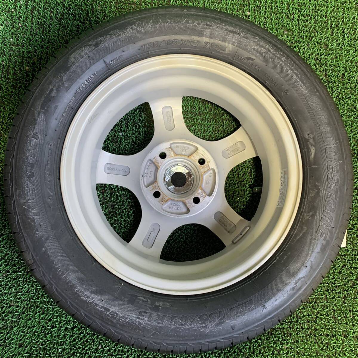 AE524-403 ★新品★ブリヂストンNEXTRY 155/65R13 73S 社外ホイール 13x4.00B +45 PCD100 4穴 【4本】 ココア ラパン 等 1円スタート_画像6