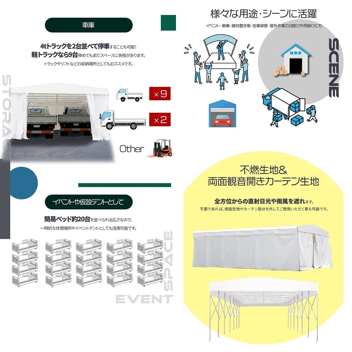 DOMEDEPOT テント倉庫 ガレージテント 60平米 18坪 間口6m×奥行10m キャスター付き 移動式 伸縮式 車庫 プレハブ 物置 資材置き場_画像3