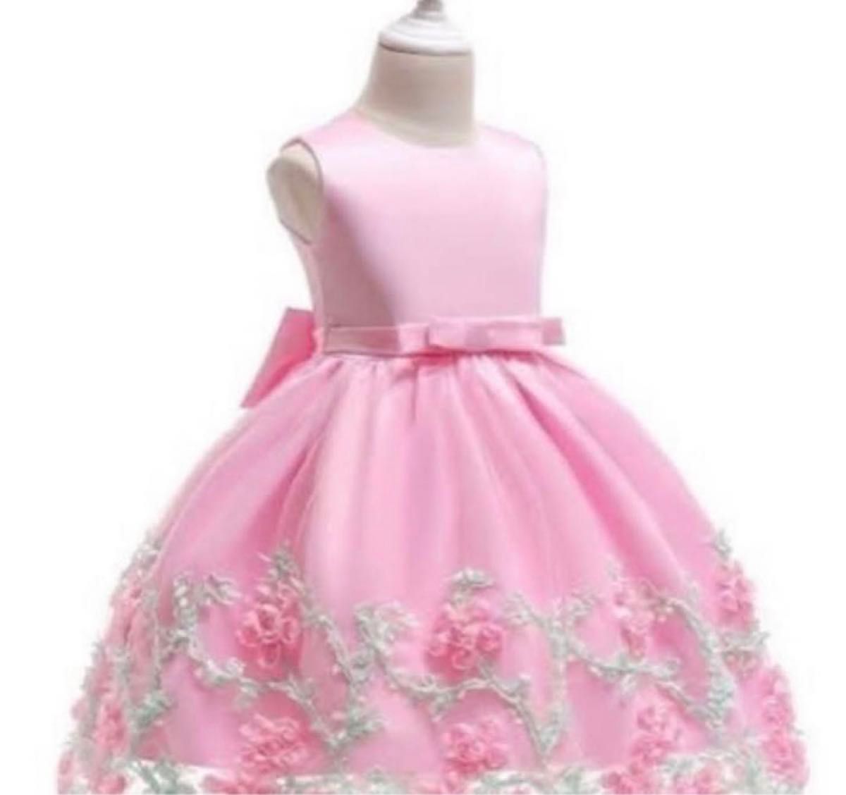 美品 ベビードレス 80 ピンク 花柄 リボン フォーマル 結婚式 発表会 かわいい ノースリーブ ワンピース ドレス フリフリ