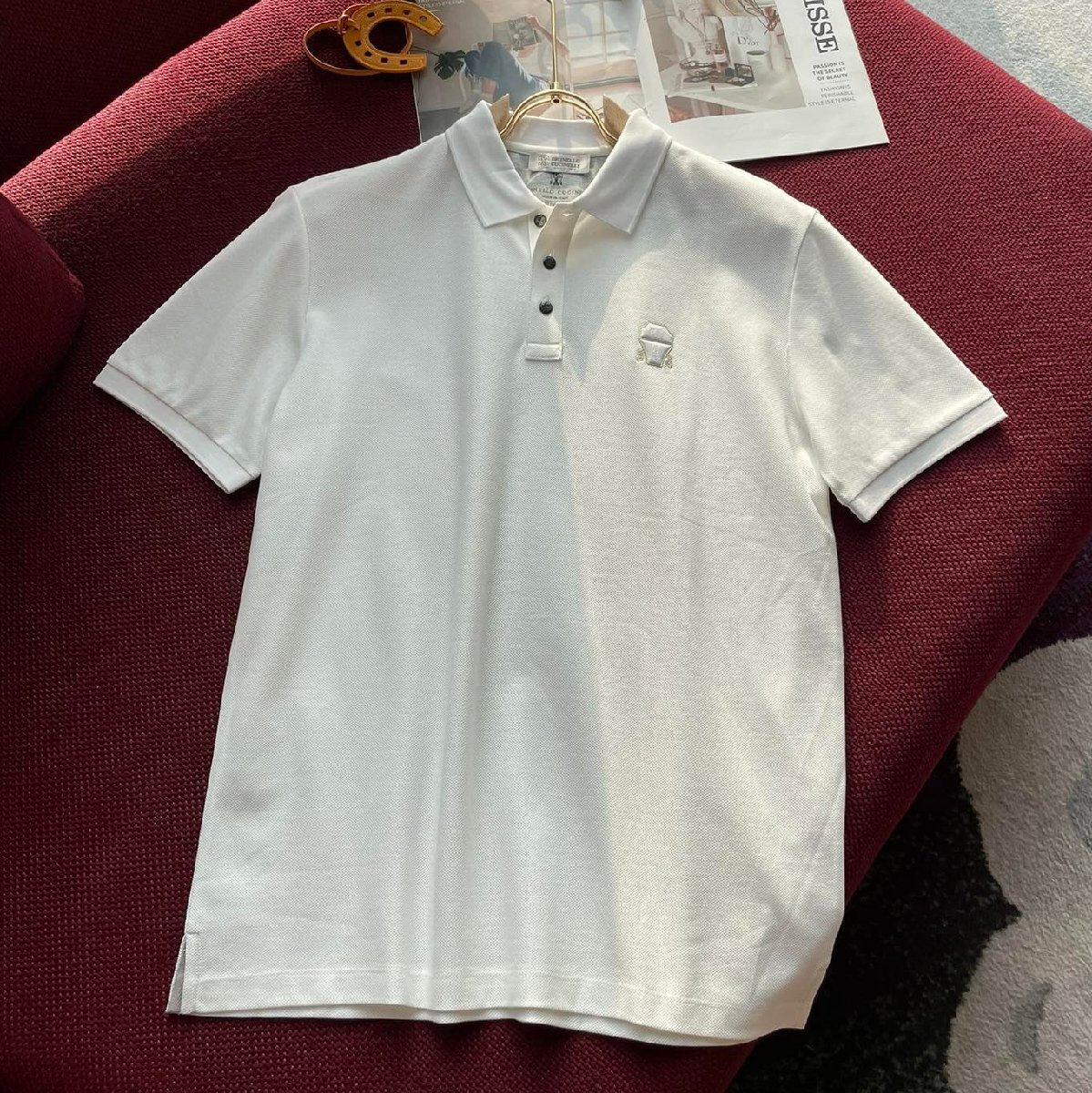 BRUNELLO CUCINELLI(ブルネロ クチネリ) メンズポロシャツ　半袖Tシャツ　カジュアル 春夏 カノコ　綿　無地 SLIM FIT ホワイト　XLサイズ