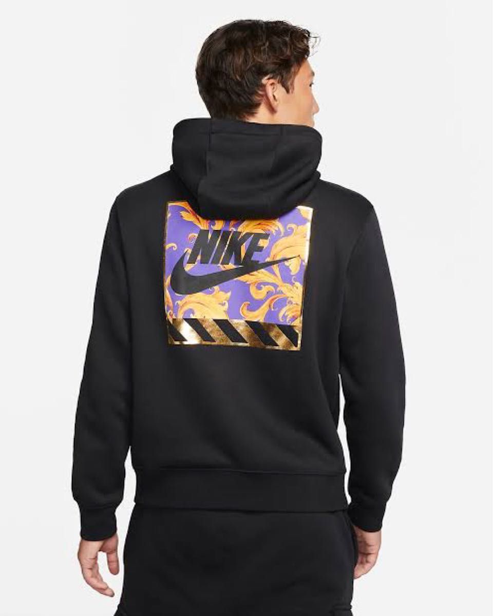 NIKE ナイキ プルオーバー パーカー フューチュラ ロゴ バックプリント 黒 ブラック 金 裏起毛 2XL XXL ボタニカル