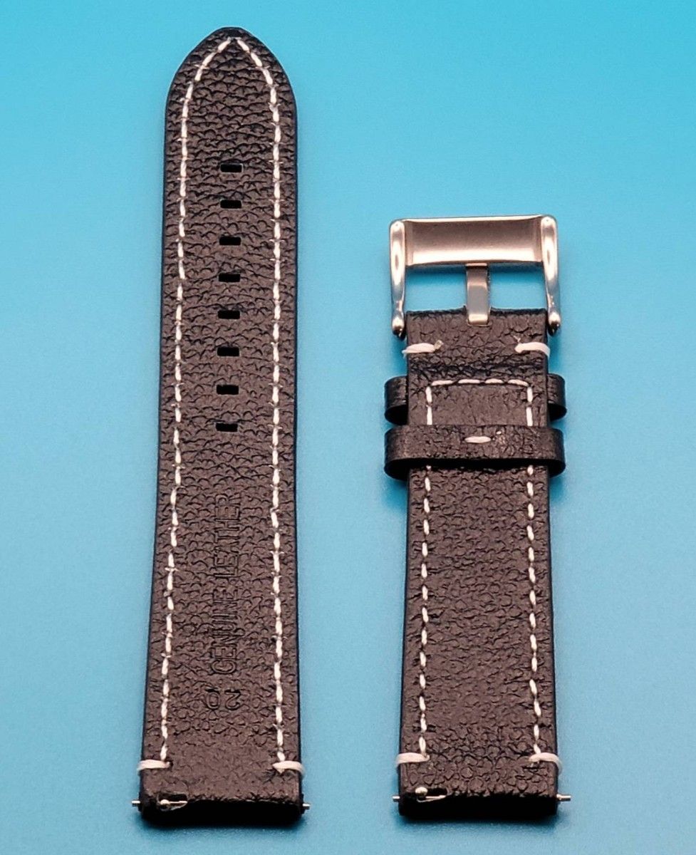 腕時計用品⑨【未使用】取付幅 20㎜ レザーベルト黒色 ブラック 白 ホワイト ステッチ 銀色18㎜ 尾錠 クイックリリースタイプ