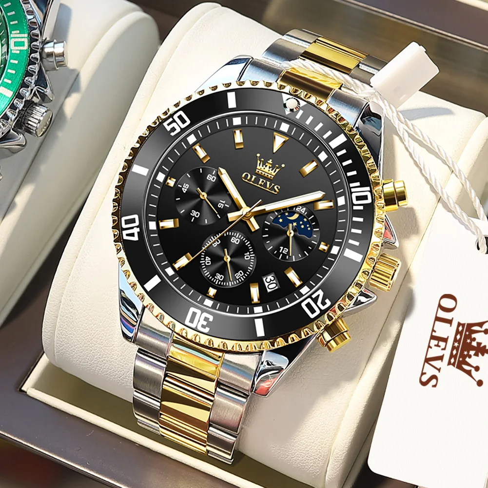 Olevs Мужские часы 2870 Высококачественный кварцевый спортивный бизнес хронограф часы нержавеющие часы Gold x Black