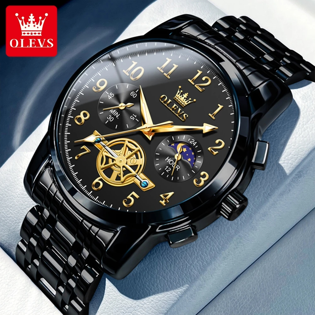 OLEVS メンズ 腕時計 G2903 高品質 クオーツ カジュアル スポーツ ビジネス クロノグラフ 時計 ステンレス ウォッチ ブラック_画像1