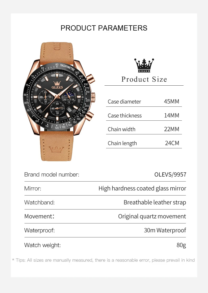 OLEVS メンズ 腕時計 9957 高品質 クオーツ カジュアル スポーツ ビジネス 時計 レザー クロノグラフ ウォッチ ローズゴールド × ブラウン_画像3