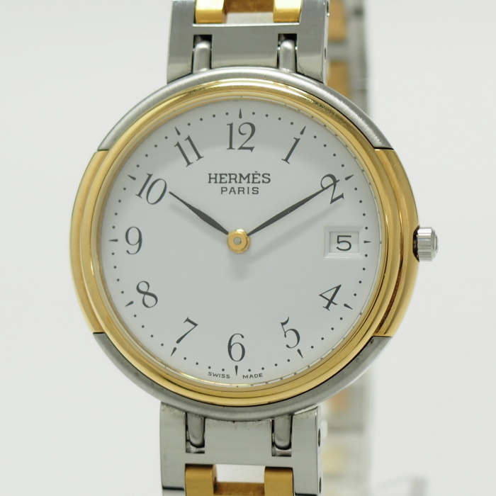 【中古】HERMES ウィンザー ボーイズ 腕時計 クオーツ コンビ SS GP ホワイト文字盤