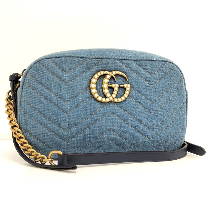 【中古】GUCCI チェーン ショルダーバッグ GGマーモント デニム ブルー 447632