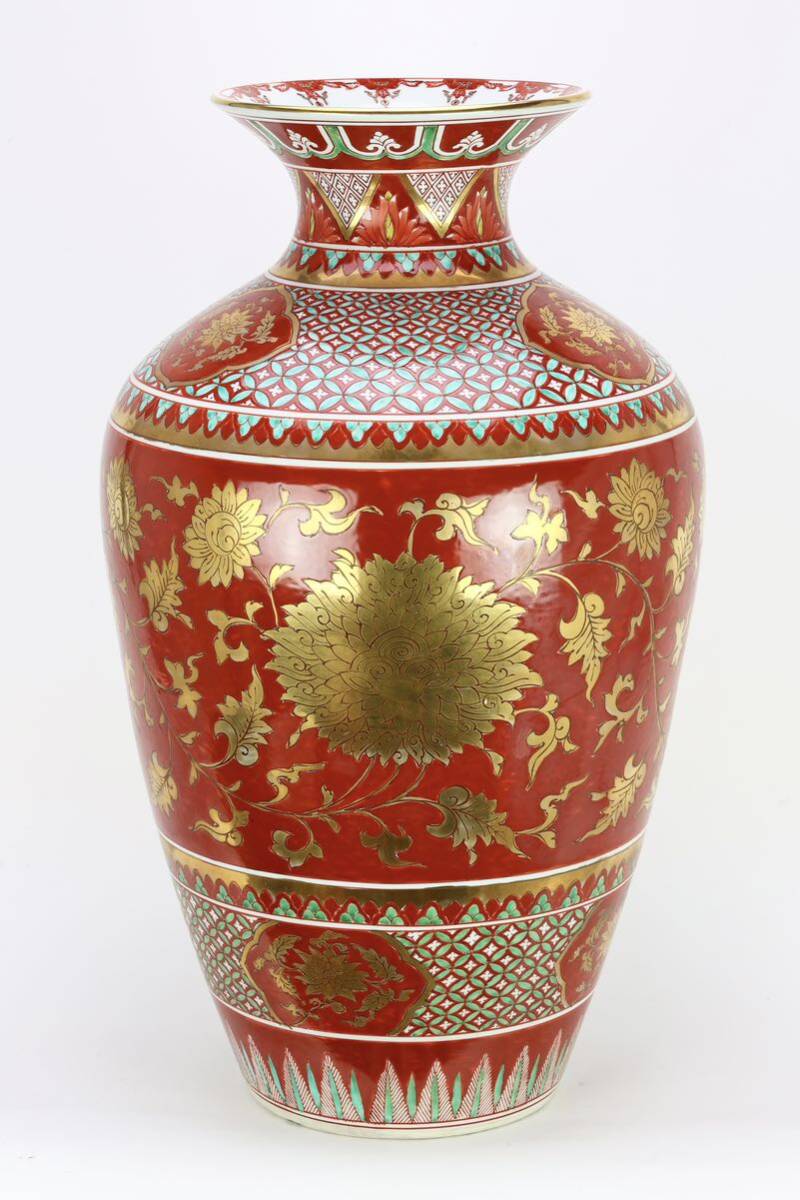 人気　秀峰作　壺　花瓶　金彩　伝統工芸　飾り壺　花　赤　豪華　古美術品　骨董品　色絵 時代物 九谷焼 花器 大花瓶_画像1