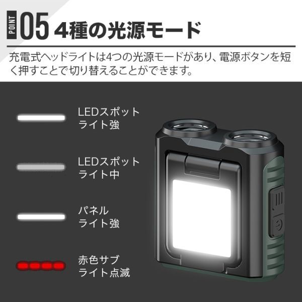 キャップライト ヘッドライト 充電式 帽子ライト 6-30時間点灯 50-900ルーメン 電池インジケーター付き 無段階調光 赤色サブライトの画像10