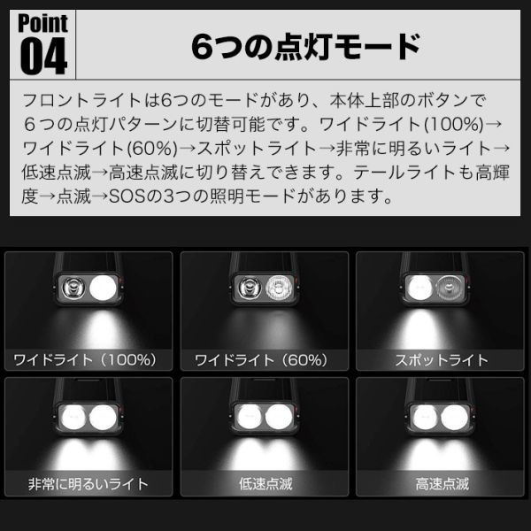 最新版 アルミ製 自転車ライト 6つの照明モード1600ルーメン1200mAh大容量USB充電 電池残量表示360度角度調整 自転車用ライト ヘッドライトの画像6