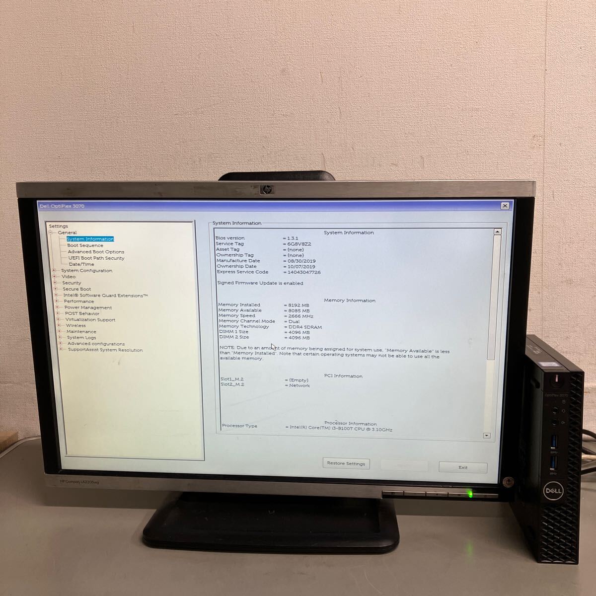 X158 DELL ミニパソコン OPTIPLEX 3070 D10U Core i3-8100T メモリ 8GB_画像2