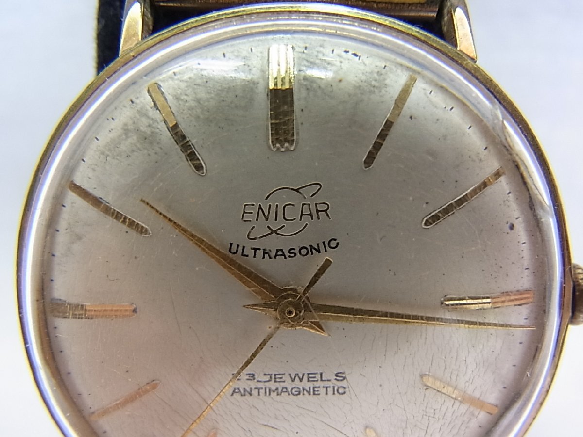 スイス製エニカ手巻き時計旧型1960年代正確な年代は解りませんが：欠点風防：2時の方向ひび割れ有り：文字盤11時~13時の方向に汚れ有の画像3