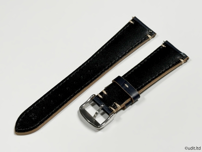 ラグ幅：22mm 本革 レザーベルト カラー：ネイビー ハンドメイド 尾錠付き レザーバンド 腕時計ベルト ワンタッチばね棒付属 LB103_カラー：ネイビー