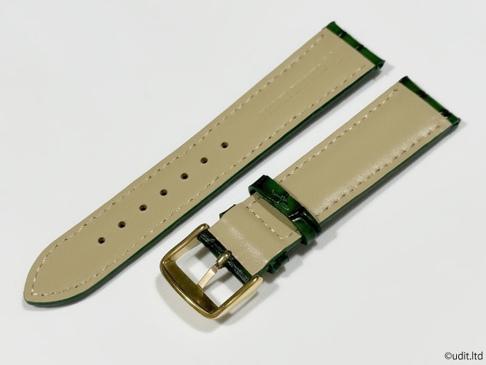 ラグ幅 20mm 腕時計ベルト レザーベルト バンド グリーン クロコダイル調 ゴールド尾錠 ハンドメイド 尾錠付き レザーバンド LB102の画像2