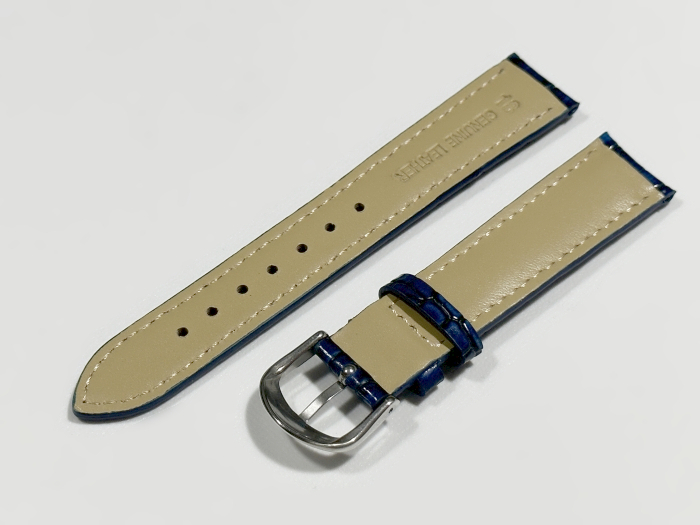 ラグ幅 18mm 腕時計ベルト レザーベルト バンド ブルー クロコダイル調 シルバー尾錠 ハンドメイド 尾錠付き レザーバンド LB102の画像2