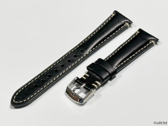 ラグ幅：20mm 本革 レザーベルト カラー：ブラック ハンドメイド 尾錠付き レザーバンド 腕時計ベルト ワンタッチばね棒付属 LB103