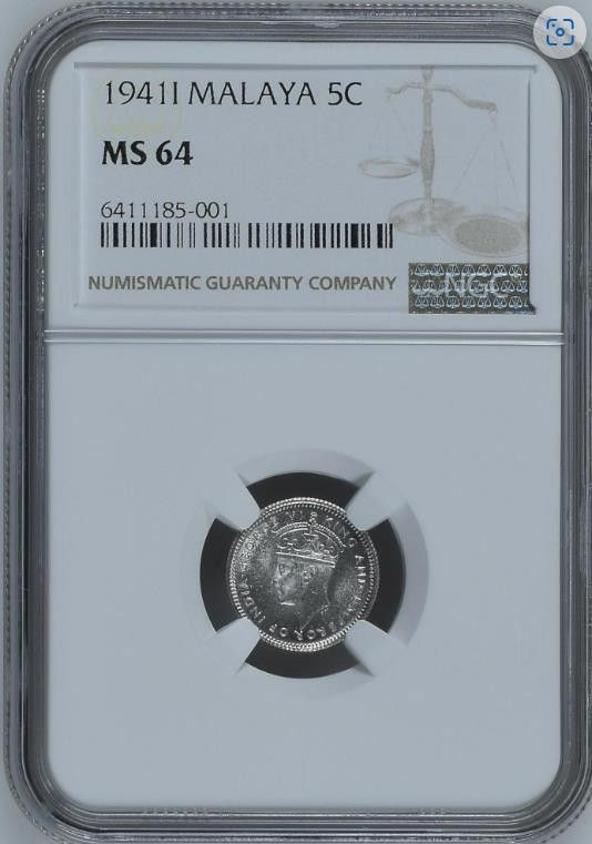 【MS64】NGC　1941I イギリス英領マラヤ　銀貨　5セント　ジョージ6世　高鑑定