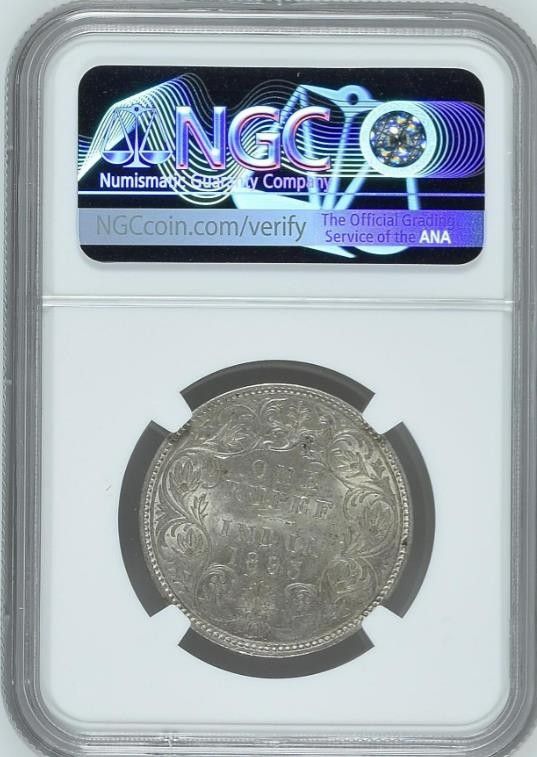 【MS62】NGC 1893B イギリス領 インド 1ルピー ビクトリア女王 銀貨 特年　N社最高鑑定　ワイオン作