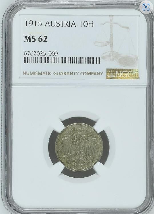 【MS62】NGC　1915　オーストリア 銀貨 ハプスブルク家 10ヘラー　N社準最高鑑定