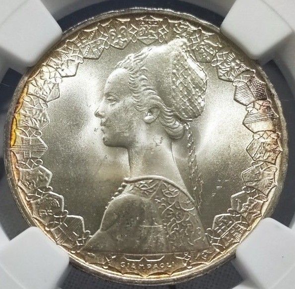 【MS63】NGC ルネサンス貴婦人 コロンブス船団 銀貨 イタリア1958R 500リラ サンタマリア号  N社準最高鑑定トーン