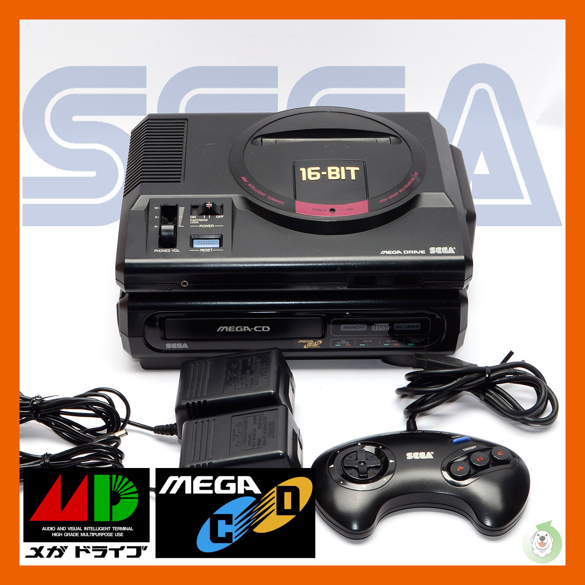 SEGA メガドライブ メガCD セット ゲーム機 MEGA DRIVE 16-BIT MEGA-CD HAA-2510/HAA-2910 本体 コントローラー 難有？の画像1