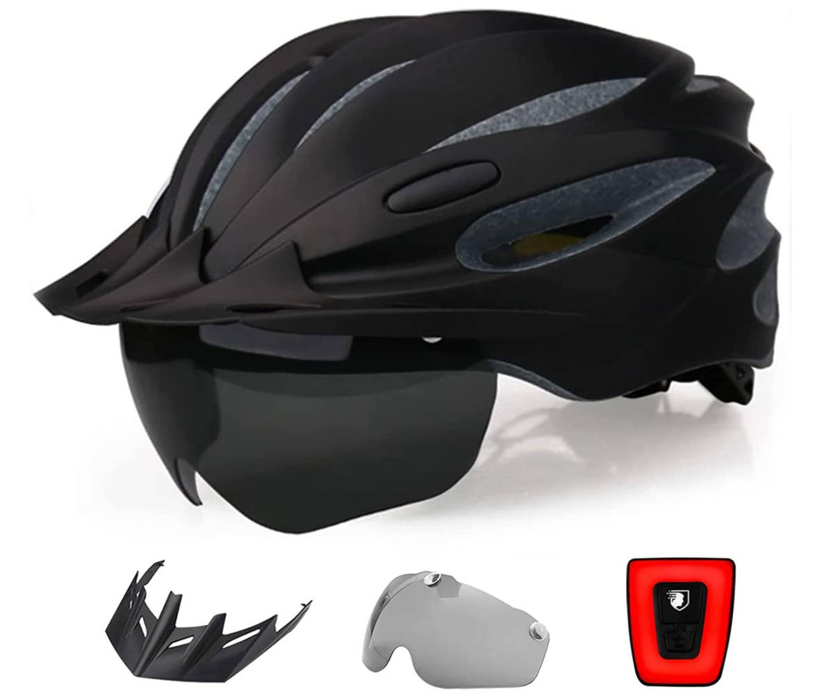 自転車 ヘルメット 大人用 CPSC/CE安全基準認証 充電式 セフティーライト付 57-62cm ゴーグル バイザー付 軽量の画像1
